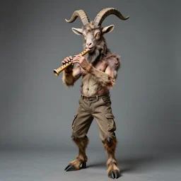 actor Roddy McDowell in Elaborate Pan Satyr Goat Man Makeup and prosthetics designed by Rick Baker, Hyperreal, He has goat man legs, cloven feet and horns, He is holding a Pan Flute, he is wearing cargo pants