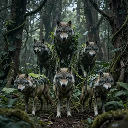 wolves made of plants and vines, scary, deep in a forest