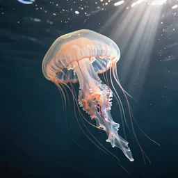 A photo of jellyfish floating in the ocean beeing hitted by sunlight rays, 35mm lens, photorealistic, high detailed