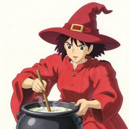 a witch dressed in crimson stirring a cauldron, finely illustrated face, highly detailed, colored pencil, studio ghibli, tankobon, in the style of ilya kuvshinov and krenz cushart and william - adolphe bouguereau and alphonse mucha