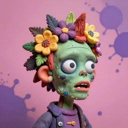 portrait headshot of a zombie punk, head made of fruit and flowers in the style of arcimboldo, glenn fabry, photorealistic, dynamic lighting, action figure, clay sculpture, claymation, pink and purple splotchy background