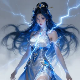 japanese lightning goddess, d & d, blue and white color palette, highly detailed, digital painting, artstation, concept art, sharp focus, illustration, cinematic lighting, art by artgerm and greg rutkowski and alphonse mucha