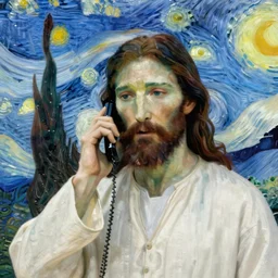 portrait of jesus christ, talking on the phone, style of van gogh