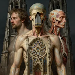 human upper body morphs together with a gothic cathedral with rose window in the chest, church organ in the throat, dome in the head, anatomically correct medical photography, moody, highly detailed digital painting, artstation, rule of thirds, sharp focus, art by raphael, john william godward, ernst haeckel, alphonse mucha, francois schuiten