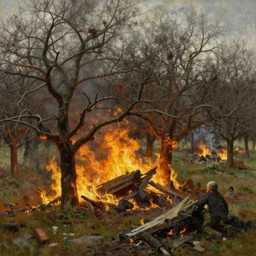 orchard on fire after destruction and terror of war by anders zorn oil hyperdetail realism hyperrealism. by james gurney, albert bierstadt. 8 k detail