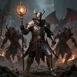 portrait of a crusader in the style of Diablo, fighting demons, consecration