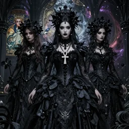 a stunning gothic princess by tom bagshaw, alphonse mucha, donata giancola, mary jane ansell, wearing an ornate raven dress, ankh necklace, horror, black magic, black orchids, gothic, dark academia, atmosphere, pagan, realism, octane render, dof, whirling nebulas, hyperdetailed, 8 k,