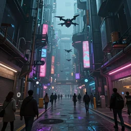close wide angle shot of a matte painting environment design of dystopian cyberpunk alley with neon lights, people on the streets being monitored by flying drones, trending on artstation, painted by dreadjim, eddie mendoza, james paick, ultra realistic, volumetric lighting, 4k, octane render