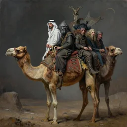 cinematic portrait of psychedelic goblin riding a camel dressed like a modern arab from left, dark fantasy fetures, desaturated, tim hildebrandt, wayne barlowe, bruce pennington, donato giancola, larry elmore, oil on canvas, masterpiece, trending on artstation, featured on pixiv, cinematic composition, dramatic pose, beautiful lighting, sharp, details, hyper - detailed, hd, hdr, 4 k, 8 k