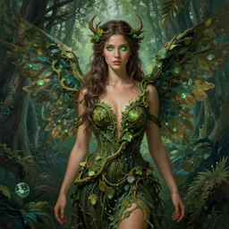formal portrait of beautiful jungle goddess, painted by jesper ejsing. fantasy, sci - fi, v - neck dress made entirely of vines, wings, glowing green eyes, regal, intricate detail, romanticism, vivid color scheme, studio lighting, artstation