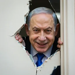 here's benjamin! a close - up of benjamin netanyahu sticking his head through a broken door, psychopathic smile, crazy