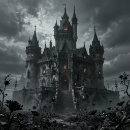 A very phantasmagoric and haunted castle stands in the middle of a param covered with black flowers, incredible details, horror, digital art