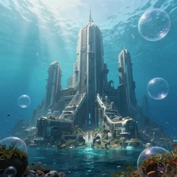 photo of giant scifi city under bubbles in the sea, artstation, ultra detailed, unreal engine 5, photorealistic, wide-angle, 8k