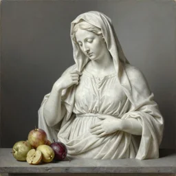 nike of samothrace masterpiece ultrarealistic ultradetailed painting of catholic veiled lady beside fruits, still life, greg rutkowski, immerse, slime, 2 0 th century, special effects makeup, maximalist, glittering, gold, ivory, hyperreal, golden ratio, alphonse mucha