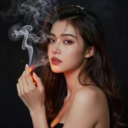 a portrait of a beautiful young woman made of smoke and ember, high contrast, hdr