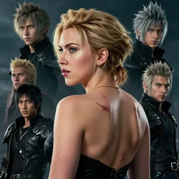 a fancy portrait of Scarlett Johansson with scars on her back by Greg Rutkowski, Sung Choi, Mitchell Mohrhauser, Maciej Kuciara, Johnson Ting, Maxim Verehin, Peter Konig, final fantasy , mythical, 8k photorealistic, cinematic lighting, HD, high details, atmospheric,
