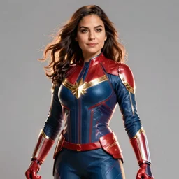 salma hayek as captain marvel, intricate, elegant, glowing lights, highly detailed, digital painting, artstation, glamor pose, concept art, smooth, sharp focus, illustration, art by artgerm and greg rutkowski, artey freytag