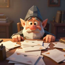 low poly, a bewildered dwarf peering over the edge of his desk with only the top half of his face exposed, the desk being covered in sprawling piles of mail, low poly, low poly, low poly