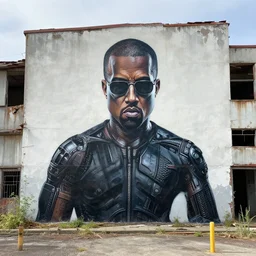 kanye west as the terminator, street art, abandoned factory