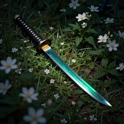 A katana with an emerald blade lying in a field of flowers at night