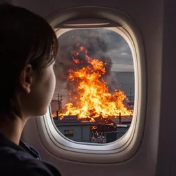 passenger looking a huge wildfire at window in airplane