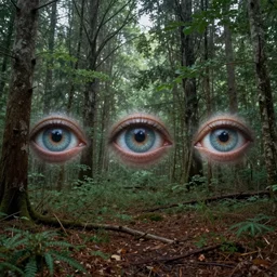 forest, three eyed spirits, wide shot, soft colors, eyes, ground very detailed, wet eyes reflecting into eyes reflecting into infinity, natural lighting
