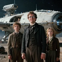 sharp, highly detailed, film from a blockbuster sci fi 4 k color movie, set in 1 8 6 0, family standing in front of a crashed spaceship, on a alien planet, one man wearing glasses, looking happy, wearing 1 8 5 0 s era clothes, atmospheric lighting, in focus, reflective eyes, 3 5 mm macro lens, live action, nice composition, good photography