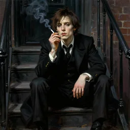 character portrait of iggy pop sitting down on a fire escape smoking a cigarette in gothic london, gothic, john singer sargent, muted colors, moody colors, illustration, digital illustration, amazing values, art by j. c. leyendecker, joseph christian leyendecker, william - adolphe bouguerea, graphic style, dramatic lighting, gothic lighting
