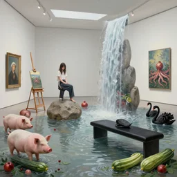painting of a flooded modern art gallery and a tall emo girl, stone boulder, easel, art gallery interior, pigs, courgette, waterfall, black bench seat, hedonistic, organic, pomegranates, octopus, zen, black swans, courgettes, berries, surrealist, by magritte and monet