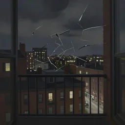 muted color ultra realistic painting of a balcony view of 1 9 2 5 boston downtown at night, the sky is distorted and broken like a smashed mirror, dark, brooding, night, atmospheric, ultra - realistic, smooth, highly detailed in the style of edvard munsch