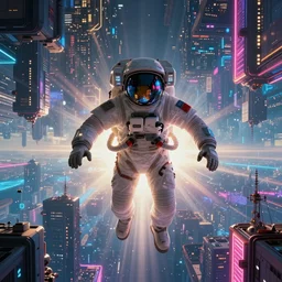 astronaut cyberpunk surreal upside down city neon lights moebius