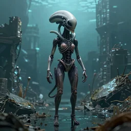 3D render of an single miniature beautiful bioengineered female xenomorph hybrid in front of a gigantic city ruined underwater environment,  omnious , elegant,  reflections, focus, detailed, realistic eyes, horizontal partial symmetry features proportions, intricate facial skin details, award winning, trending in cgsociety artstation deviant art, octane render