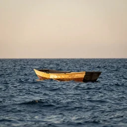 small wooden raft aloft in a giant ocean, at golden hour