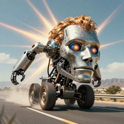 Giant robotic head of David Copperfield with wheels running on a californian highway, rays of light, particles light, kuvshinov ilya, unreal engine