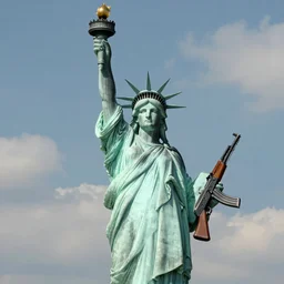 the Statue of Liberty holding an ak47, super realistic, volumetric clouds
