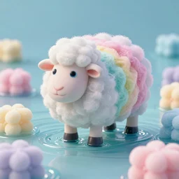 Sea like jelly, Rainbow sheep like cotton candy，dreamy, soft , highly detailed, in the style of Yuri Anatolyevich Obukhovskiy