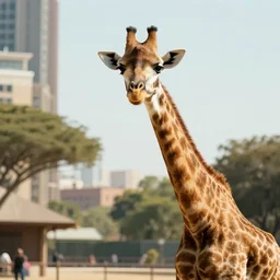giraffe visiting the city, happy, daylight, cinematic 4 k
