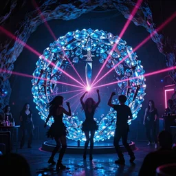 cinematic shot of a goth disco nightclub in a cave, knives made of pink lasers and blue crystals forming the shape of a sphere, goth people dancing, 8k photograph