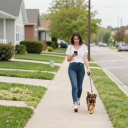 A woman distracted by her cell phone while walking her dog on the sidewalk in the suburbs. Gentrified neighborhood.