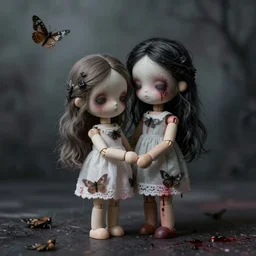 ektachrome portrait beautiful jointed wooden art doll, super dollfie, holding each other, abandoned, moths, sadness, tim walker, art by wenjun lin, artem chebokha, alena aenami, ian llanas, ethereal, soft light, dark art, macabre, nightmares, horror, blood, harpers bazaar art