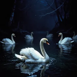 dark eerie movie frame, greek fantasy panorama, elegant shining swan in the magic shining river styx, at night, otherworldly, andrei tarkovsky, lomography, 1 7 mm, wide shot, surreal, deep