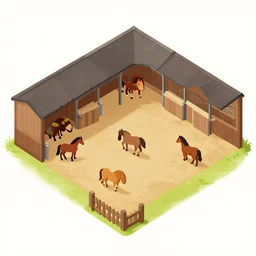 horse stable with horses, isometric game asset, artstation