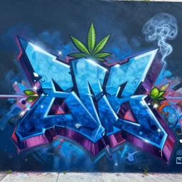 matte painting of berner, weed, miami, graffiti, hard edges, geometric 3 d shapes, deep blue, street art, asymmetrical, marijuana, smoke, highly detailed masterpiece by sachin teng x supreme, trending on artstation : 5