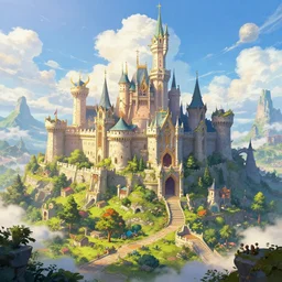 a kingdom in a fantasy world, colorful, high fantasy, rutkowski, professional artwork, sunny, clouds, detailed, artstation, jim burns,