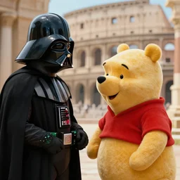 darth vader talking to winnie the pooh in ancient rome, cinematic shot