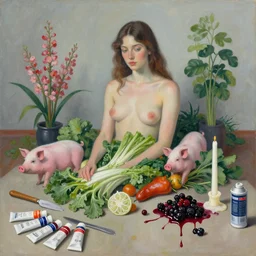 “ a portrait in a female art student ’ s apartment, sensuous, vegetables, art supplies, paint tubes, palette knife, pigs, ikebana, herbs, a candle dripping white wax, squashed berries, berry juice drips, acrylic and spray paint and oilstick on canvas, surrealism, neoexpressionism ”