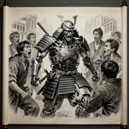 highly detailed realistic sketch of The Hague members yelling at a cyborg samurai, fear and anger in their eyes, award winning , masterpiece on a scroll , post-processing