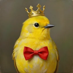 an elegant yellow bird!!! wearing a crown and a red bow tie, painting in the style of Charlie Bowater, very very beautiful, high quality, detailed, 4k, smooth