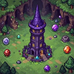 Aerial view of a wizard tower surrounded by different kinds of gem mines and ominous caves, pixel art, colored