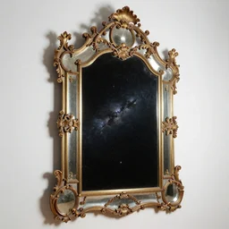 tall intricate baroque mirror with a reflection to space :: realism, hyperrealism